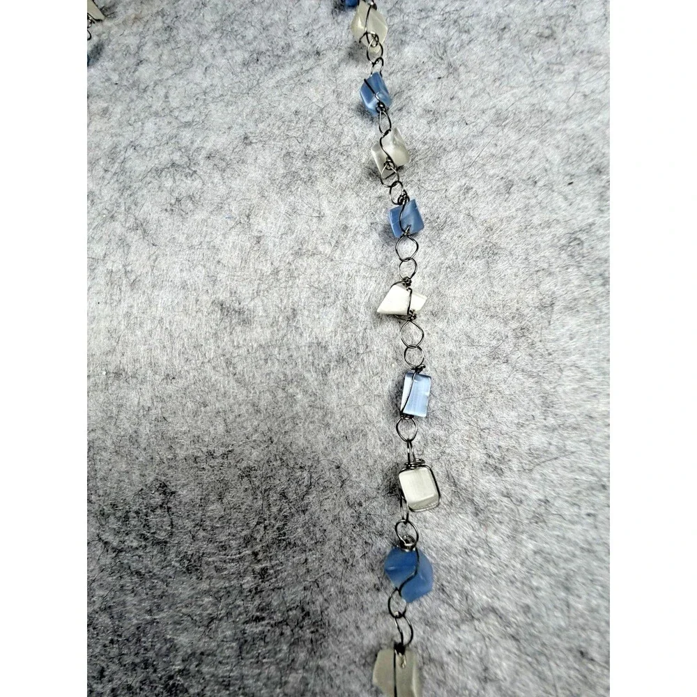 Vintage Y2K Blue Ivory Cats Eye Glass Bead Necklace Double Strand Wire Wrapped